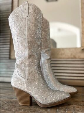 Forever Rhinestone Silver River Western Cowboy high Boot Point Toe Pull On Zip 6